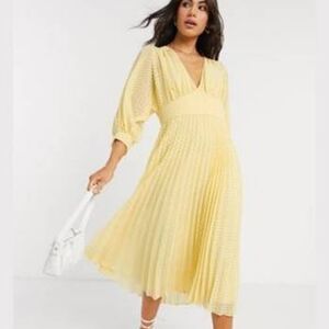 ASOS Design Pleated Batwing Midi Dress in Chevron Dobby in Yellow